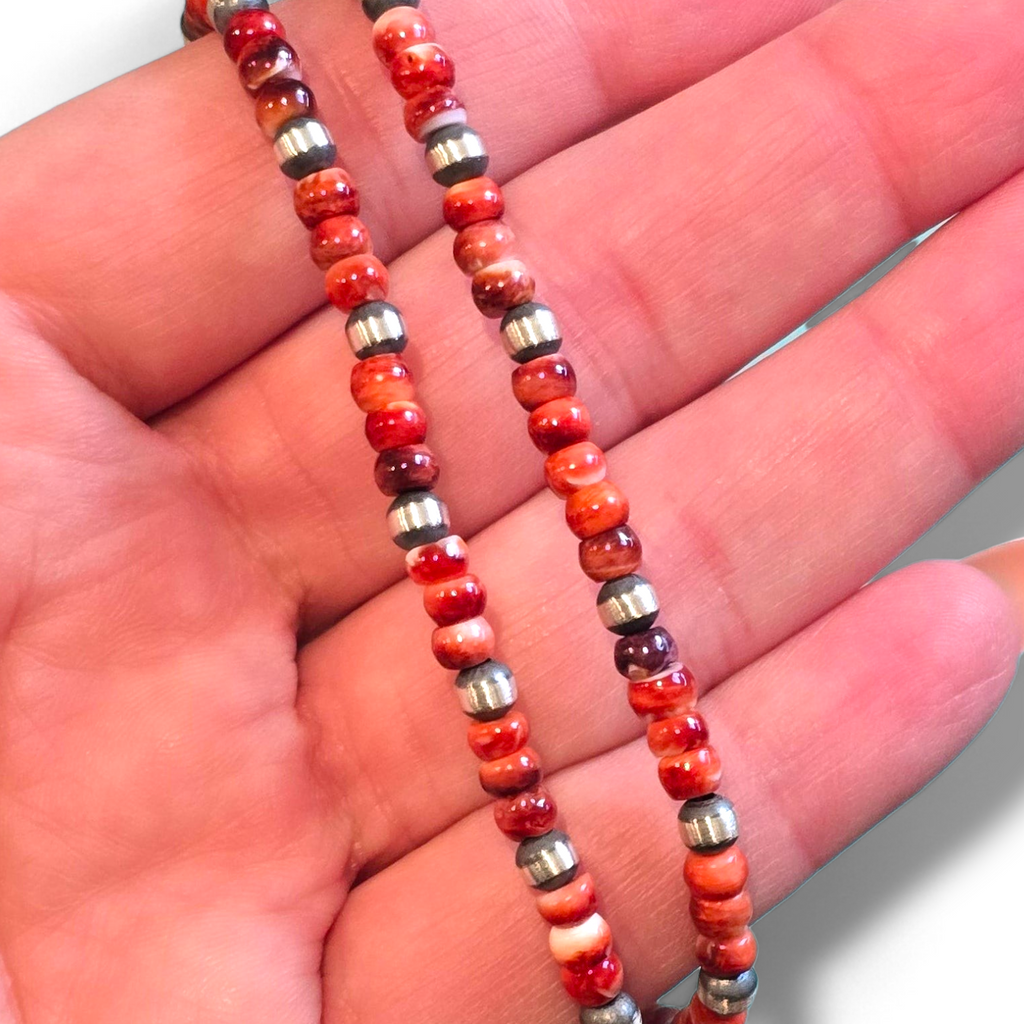Red Spiny & Sterling Pearl Necklace 16 inches