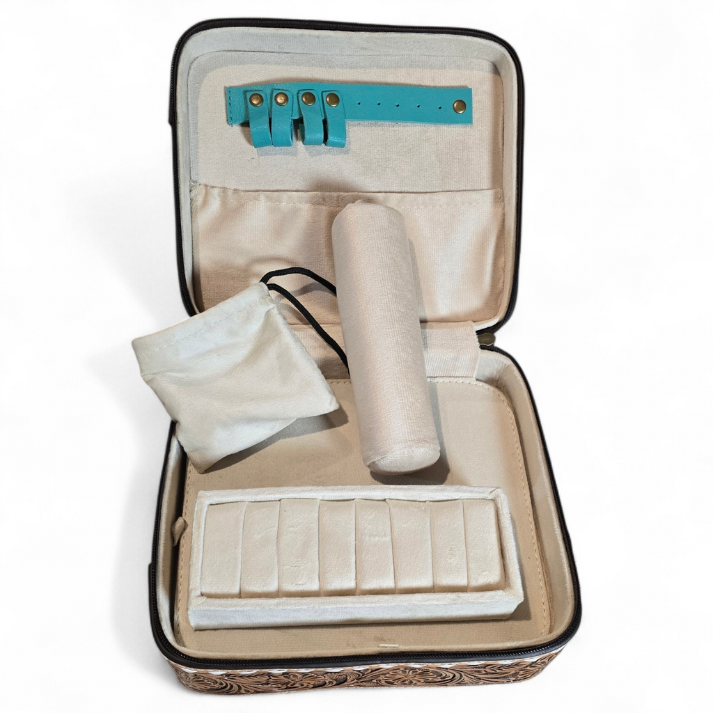 Turquoise Boot Stitch Suede & Tooled Leather Jewelry Box