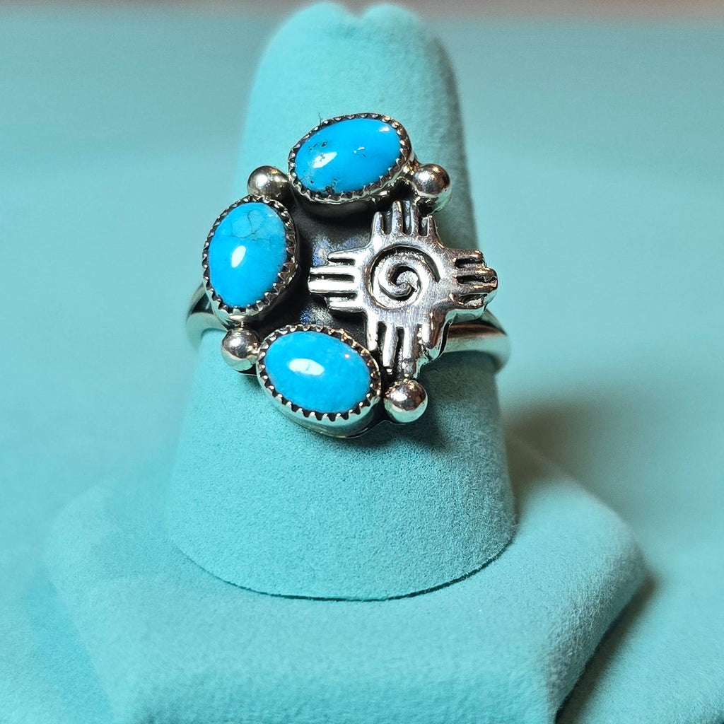 Marie Bahe Turquoise & Sterling 3 Stone Zia Ring Size 8.5