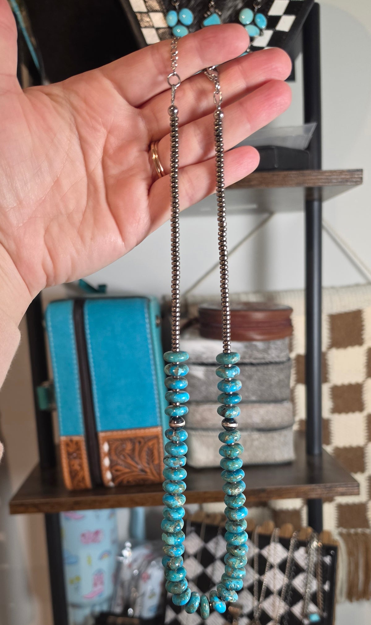 Turquoise & Sterling Pearls Necklace 21.5-23 inches