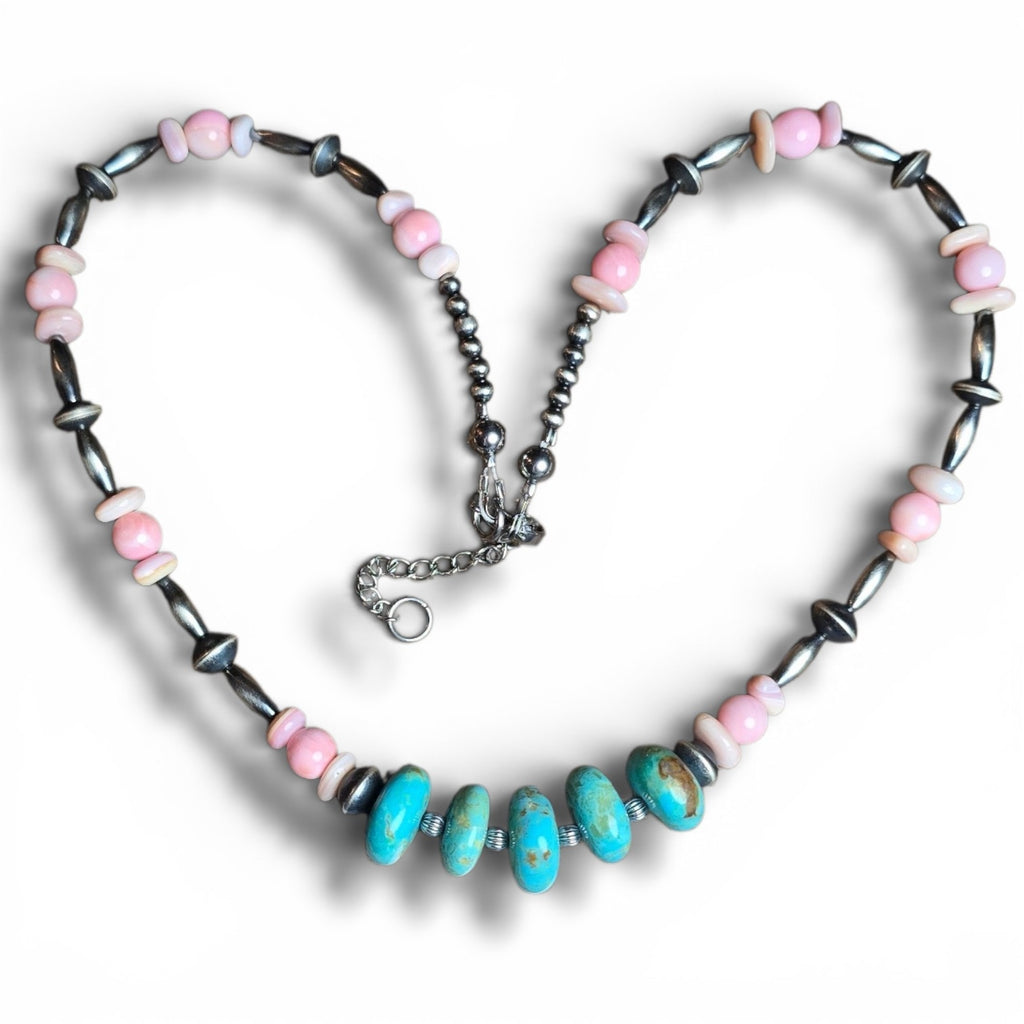 Kingman Turquoise & Pink Conch Necklace 16-18 inches