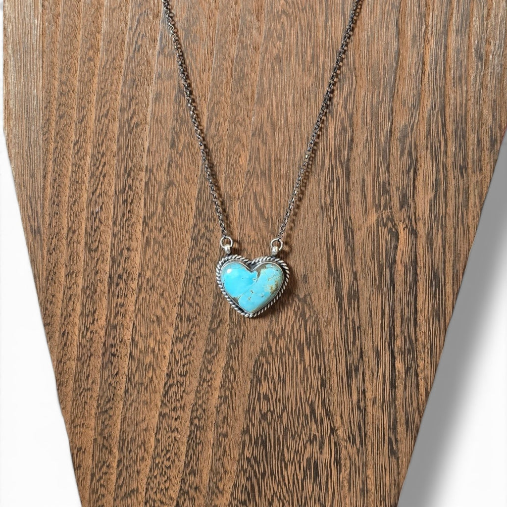 Native Made #8 Turquoise & Sterling Heart Necklace 17 inches (Large)