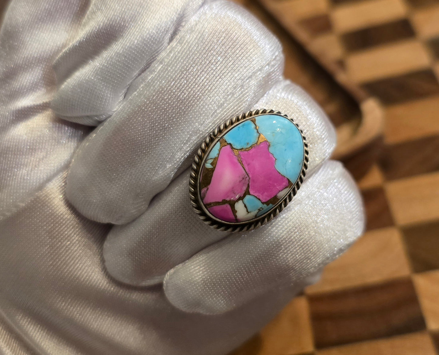 Cotton Candy Dahlia and Sterling Adjustable Ring