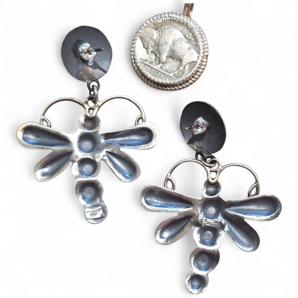 Sterling Repoussé & Turquoise Dragonfly Earrings