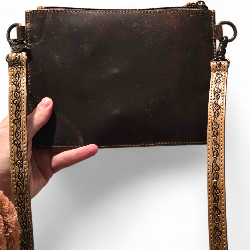 Tan Floral Tooled Leather Crossbody Bag