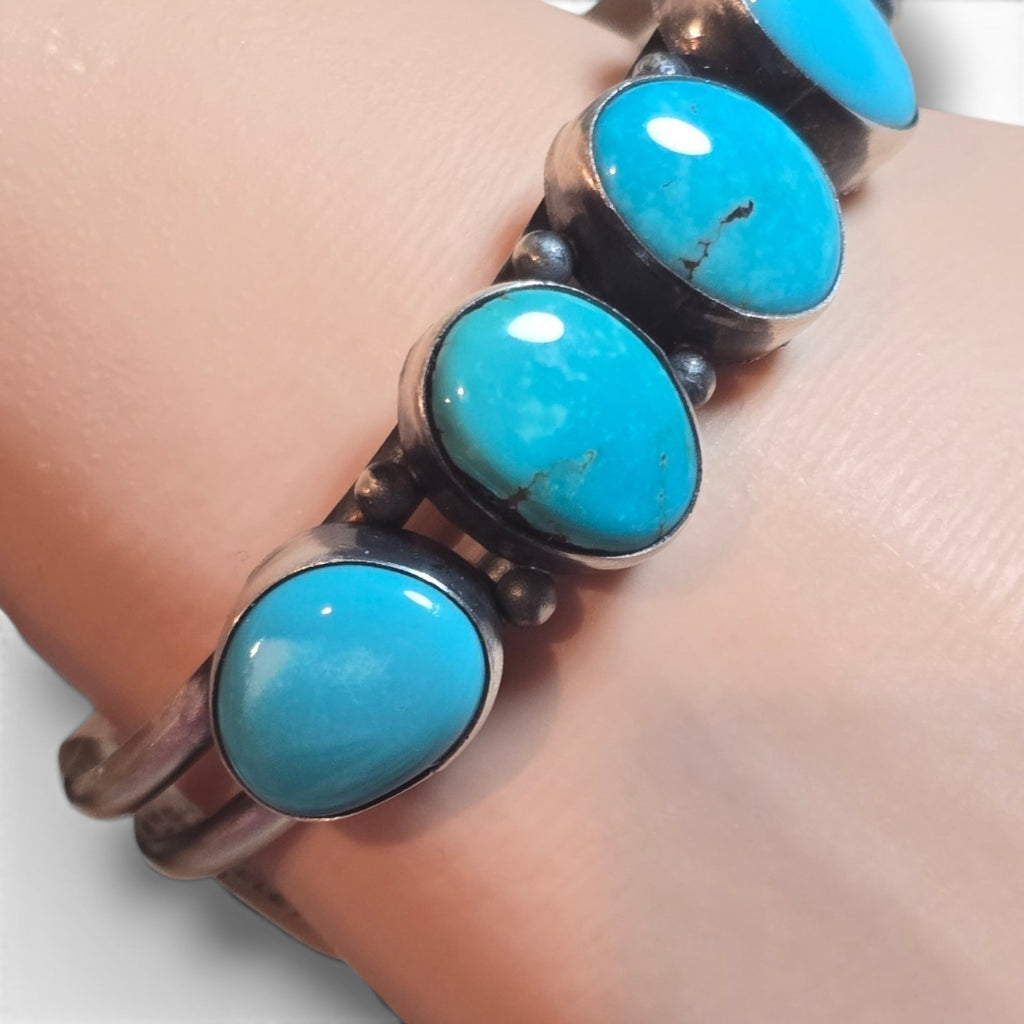 Native Made 5 Stone Kingman Turquoise & Sterling Cuff