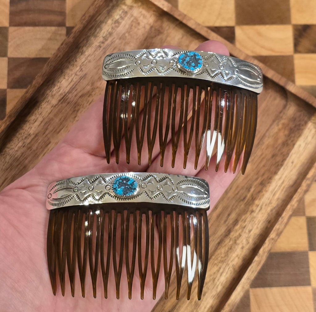Jolene Begay Kingman Turquoise & Sterling Hair Comb Set