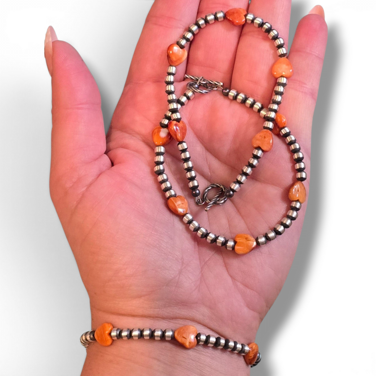 Orange Spiny Hearts & Sterling Pearl Bracelet 7 7/8 inches (toggle clasp)