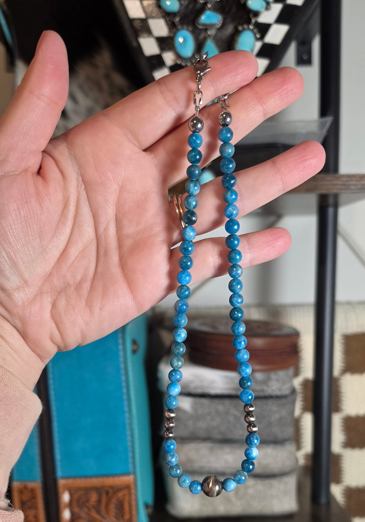Sterling Pearls & Blue Apatite Necklace 15-16 inches