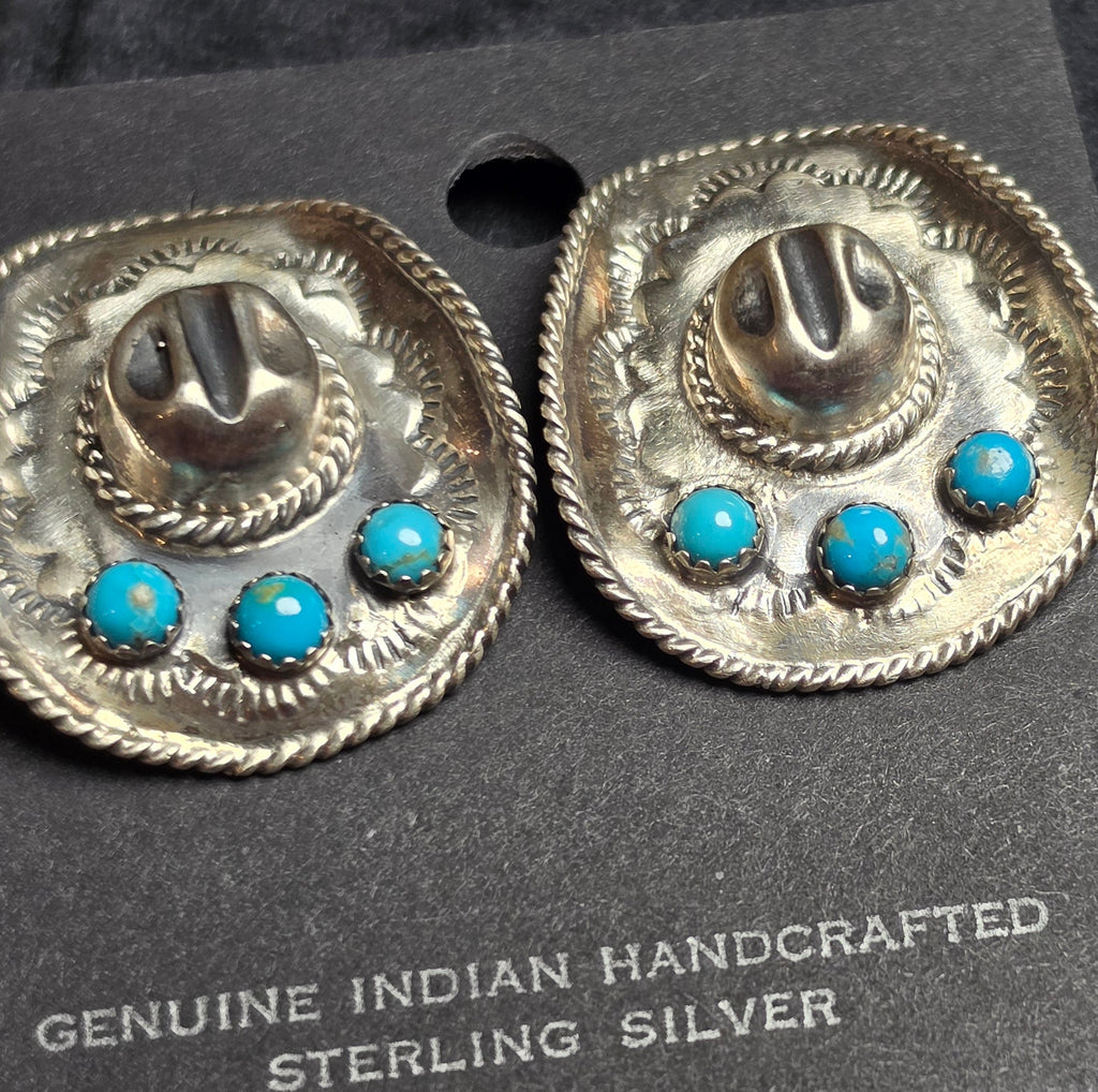 Native Made Kingman Turquoise & Sterling Cowboy Hat Earrings
