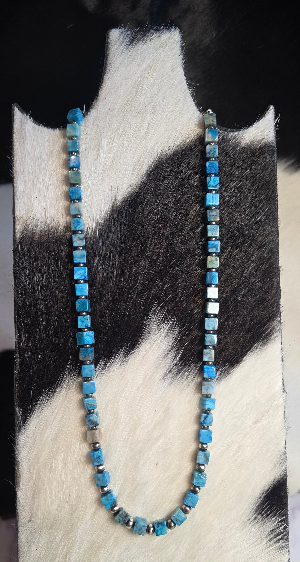 Larimar Cubes & Sterling Pearls Necklace 19-22 inches