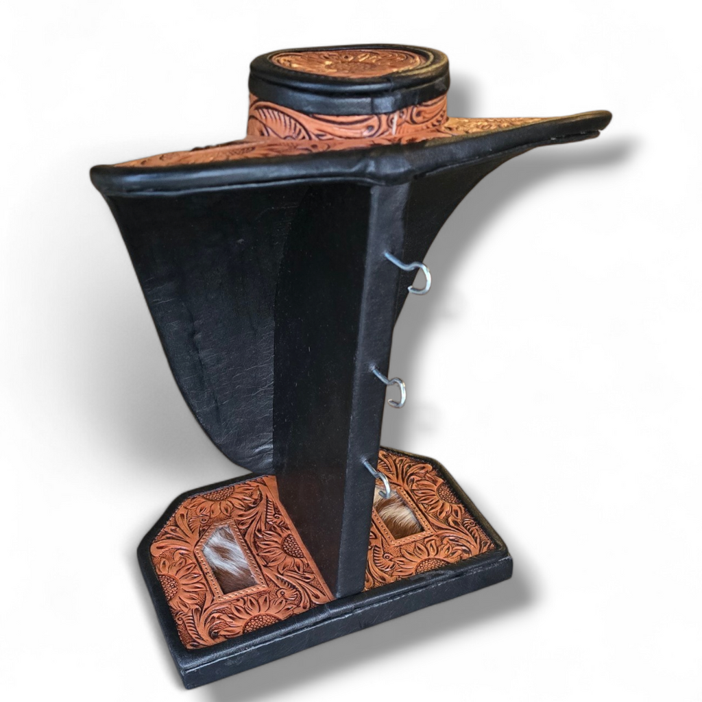Brown Tooled Leather & Cowhide Necklace Display
