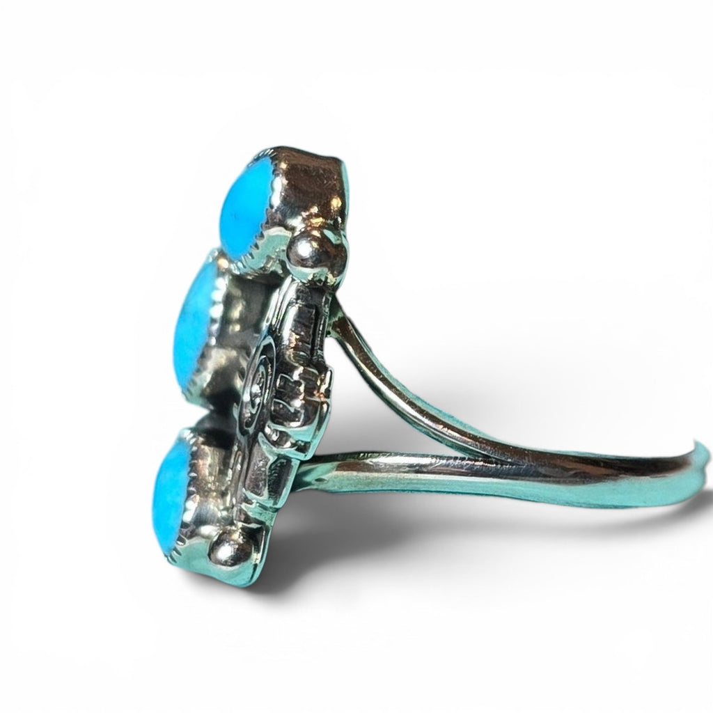 Native Made Kingman Turquoise & Sterling 3 Stone Zia Ring Size 8.5