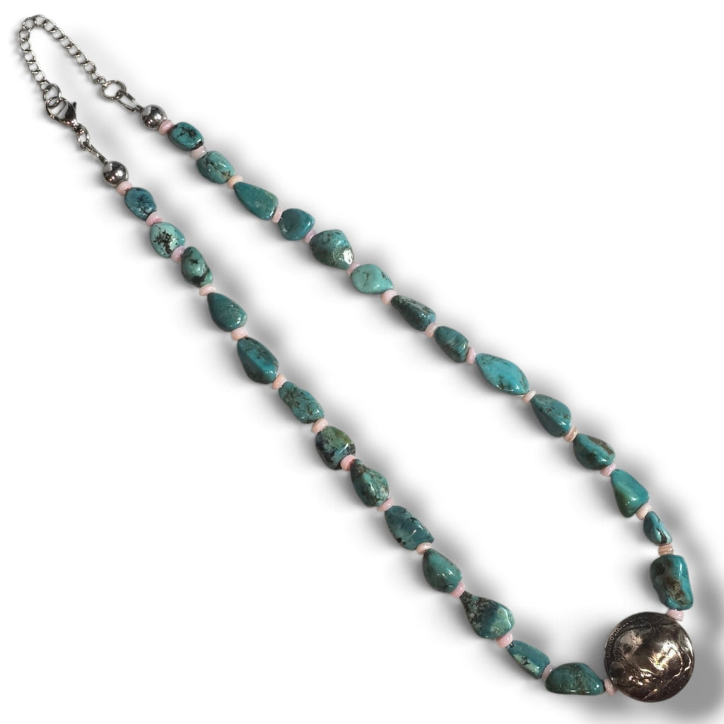 Reversible Indian Head/Buffalo Nickel, Pink Shell & Turquoise Necklace 16 - 18 inches