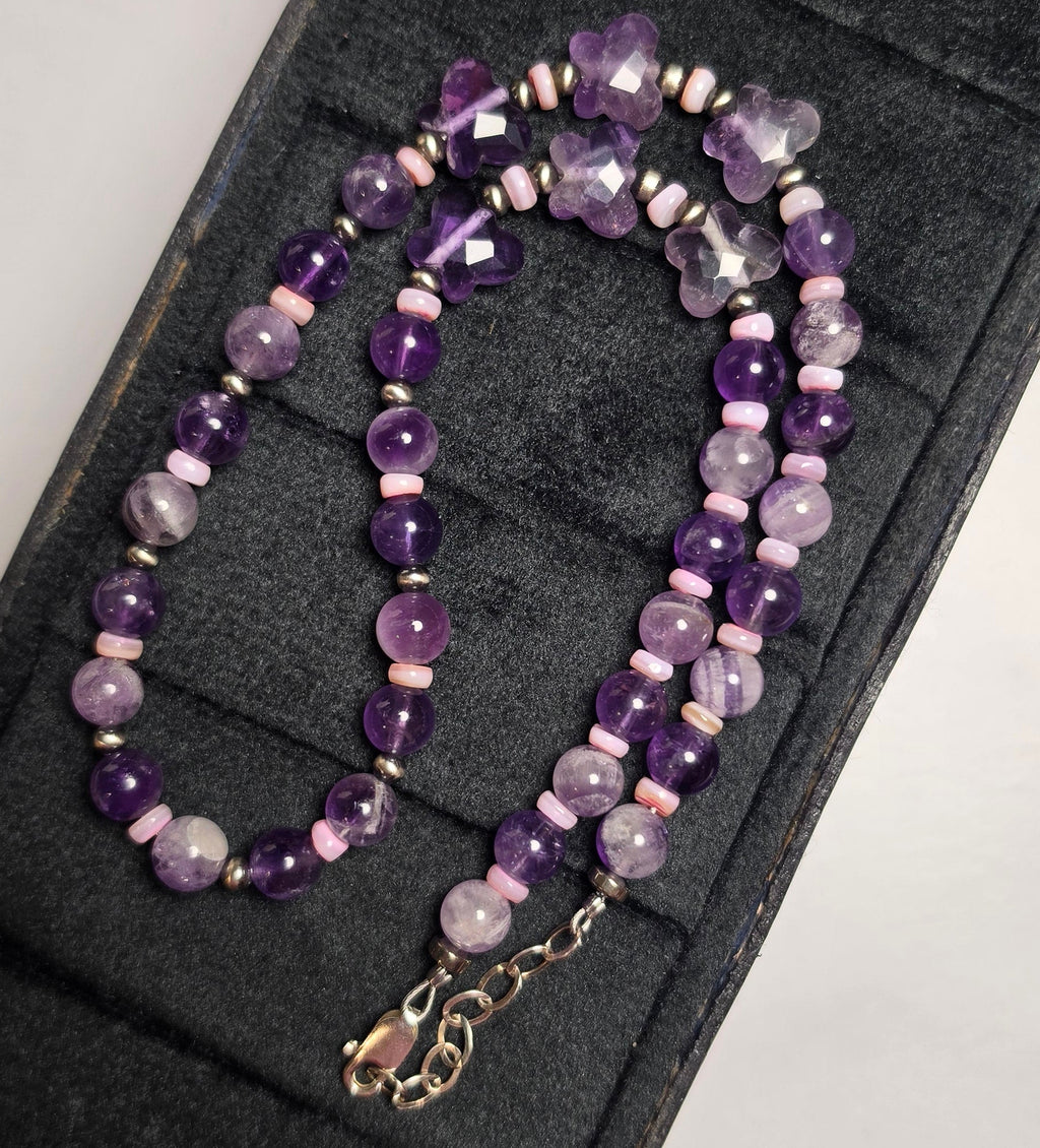Amethyst Butterfly, Pink Shell & Sterling Necklace 15-16 inch