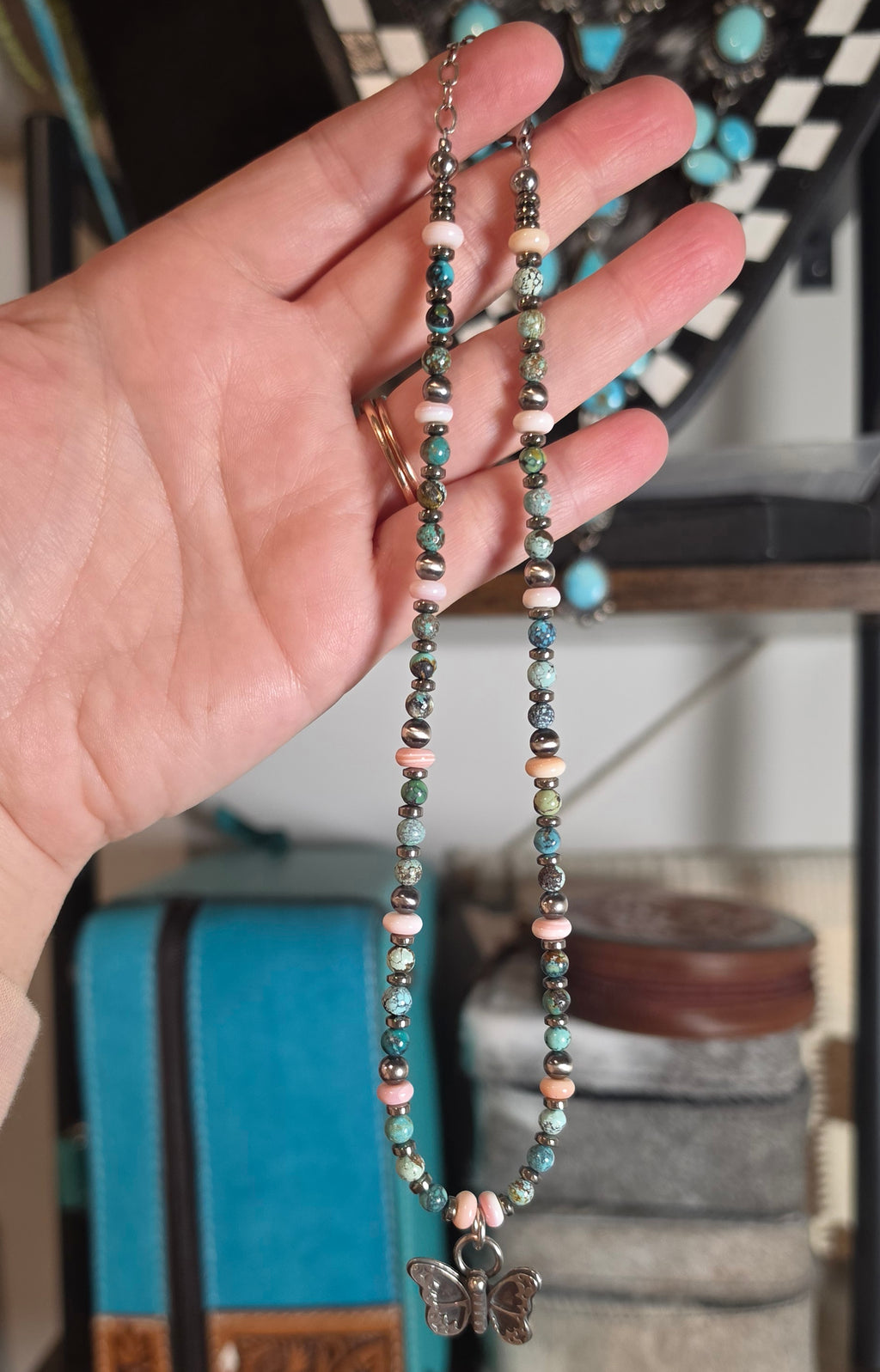 Sterling Butterfly, Pink Conch, Sterling Pearls & Turquoise Necklace 15-16 inch