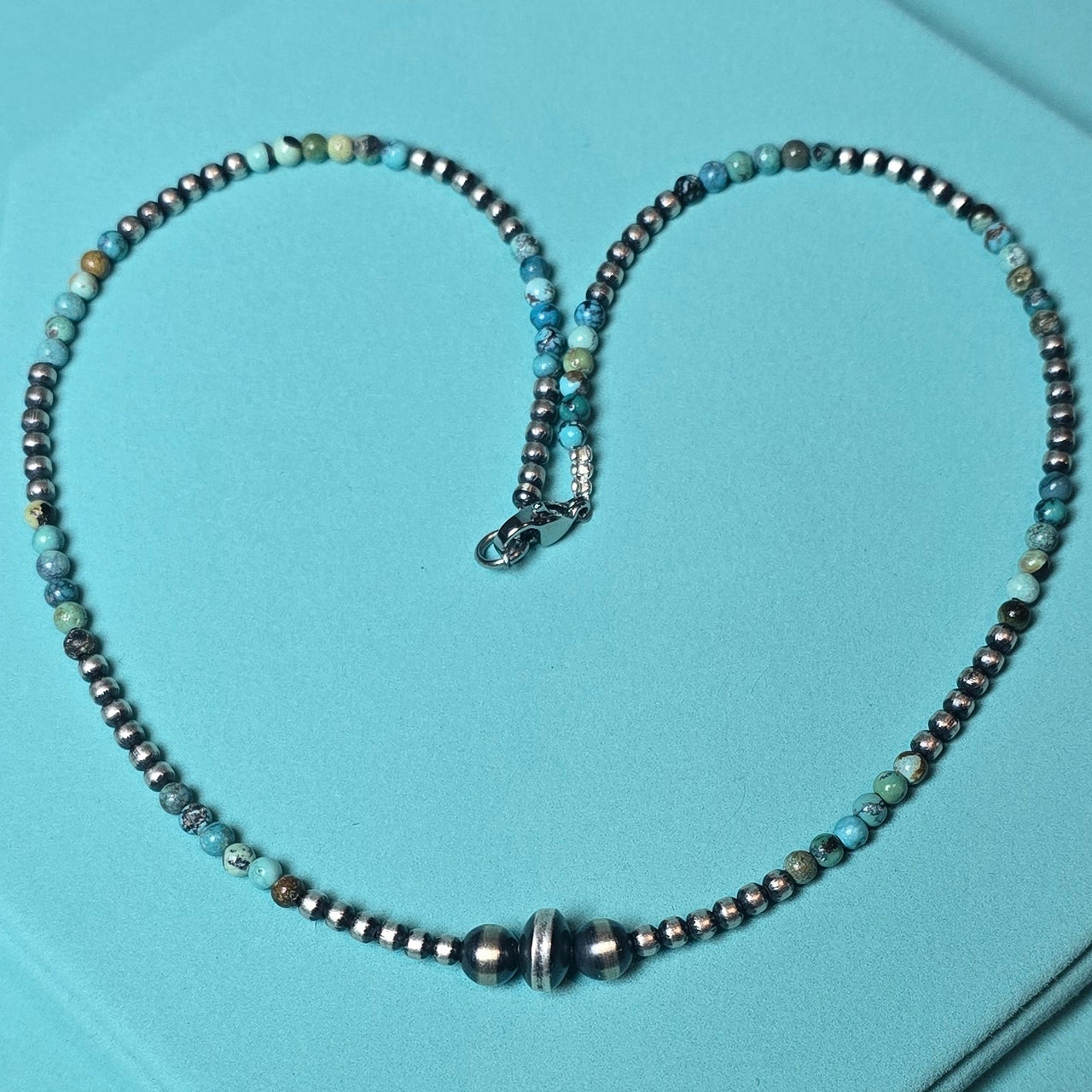8mm Sterling Saucer, 6mm & 3mm Sterling Pearls & Round Turquoise Necklace