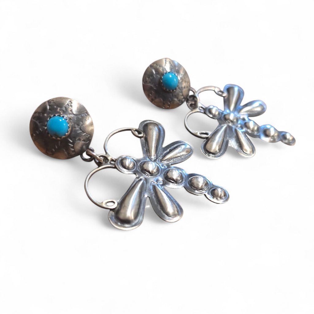 Sterling Repoussé & Turquoise Dragonfly Earrings