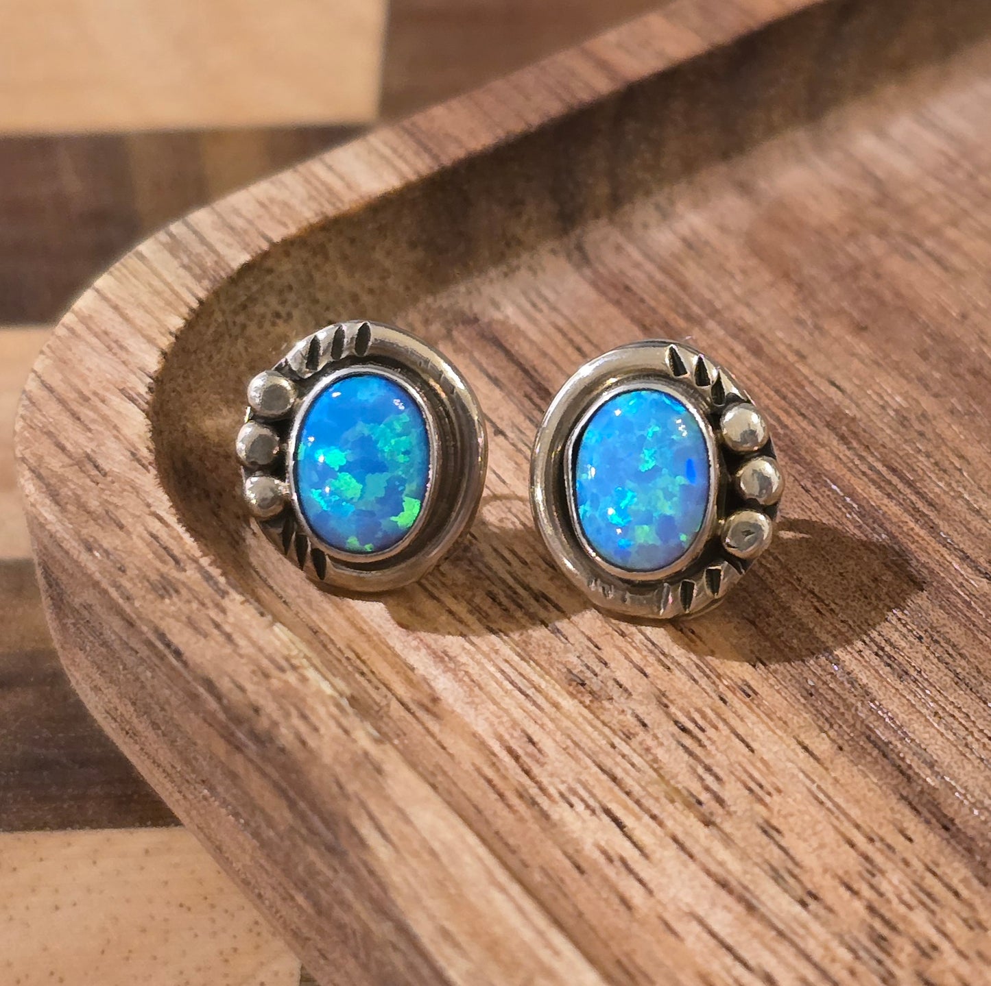 Man Made Light Blue Opal and Sterling Earrings