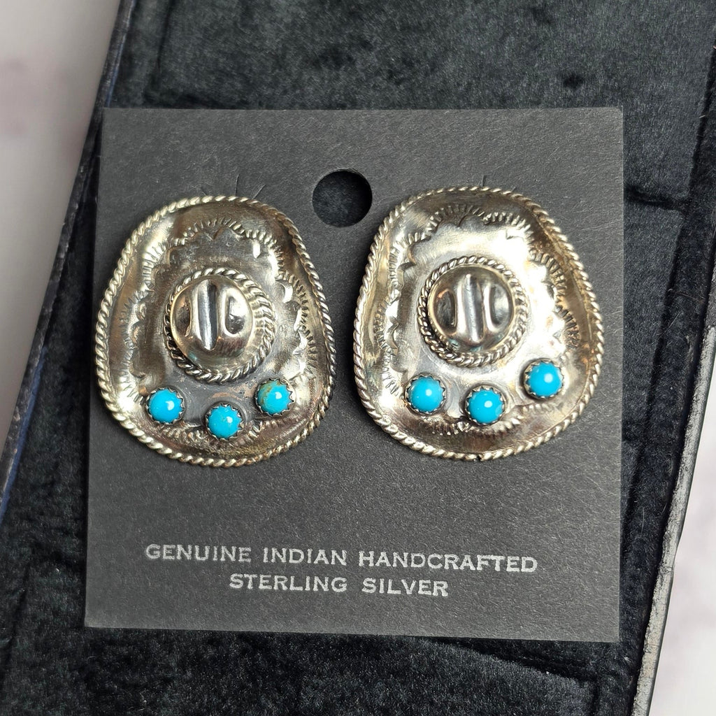 Native Made Kingman Turquoise & Sterling Cowboy Hat Earrings