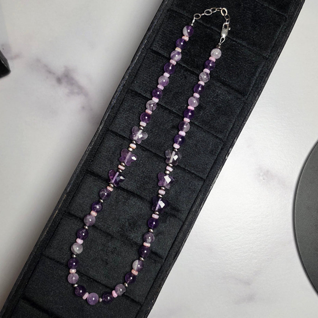 Amethyst Butterfly, Pink Shell & Sterling Necklace 15-16 inch
