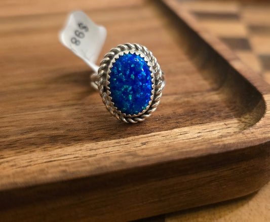 Man Made Blue Opal and Sterling Ring Size 7