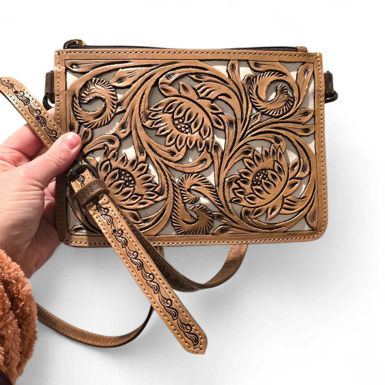 Tan Floral Tooled Leather Crossbody Bag
