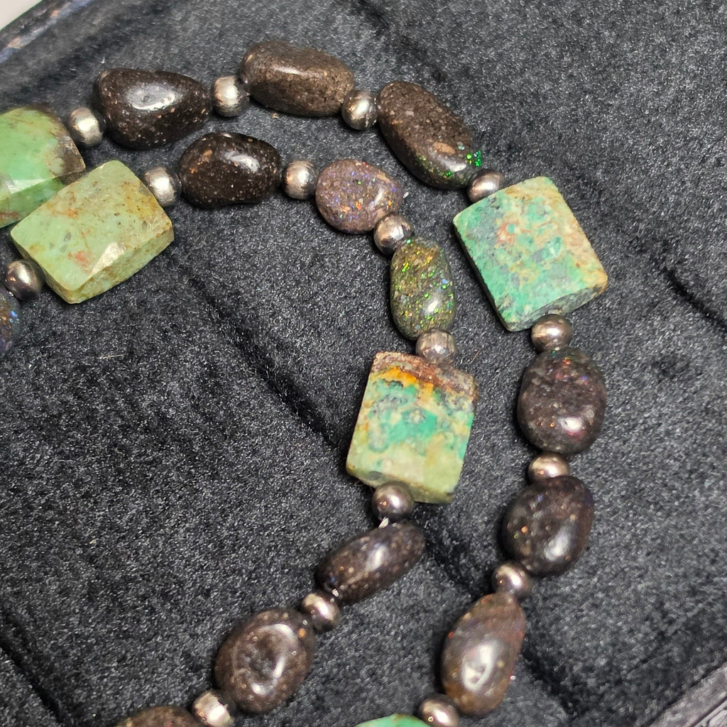 Peruvian Turquoise, Black Opal & Sterling Pearls Peace Necklace 22 inches
