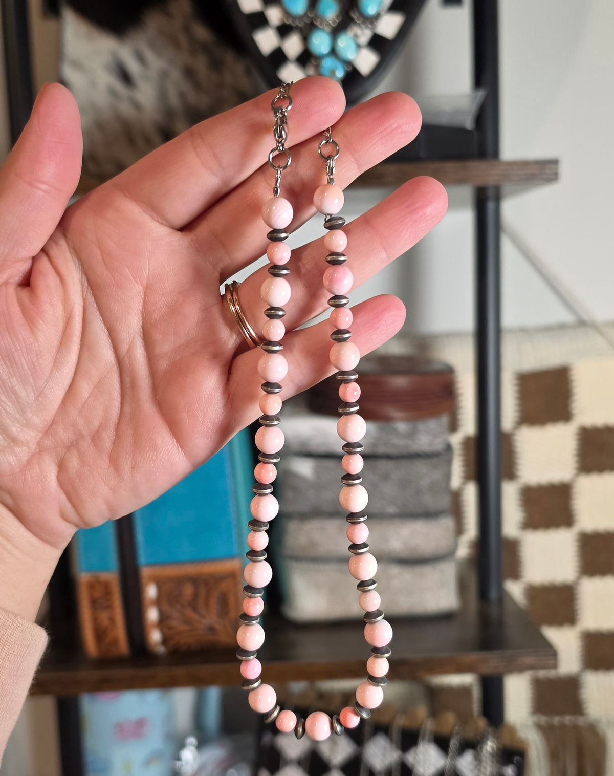 Pink Conch & Sterling Saucers Necklace 14-16 inches