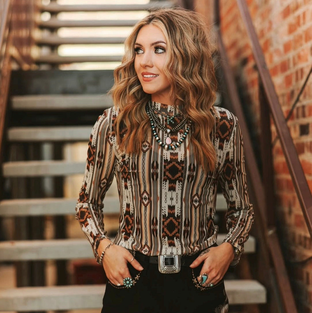 Aztec Long Sleeve Mesh Top