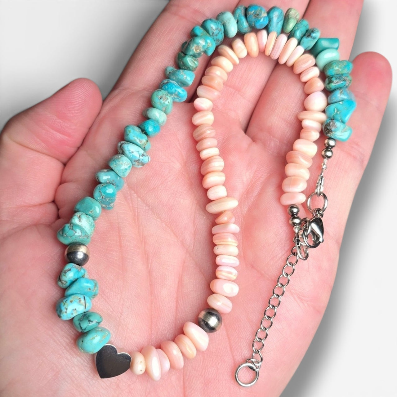 Pink Conch, Turquoise & 6mm Sterling Pearls Duo Heart Necklace 14.5 to 16 inches