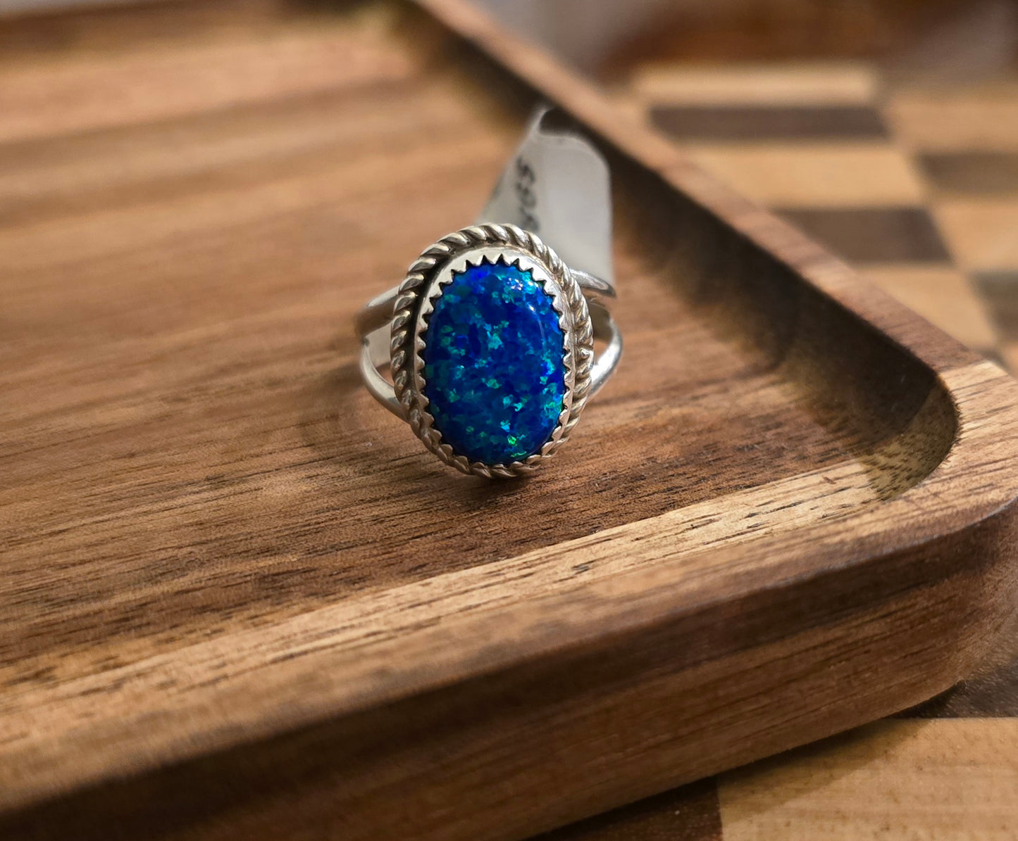 Man Made Blue Opal and Sterling Ring Size 8