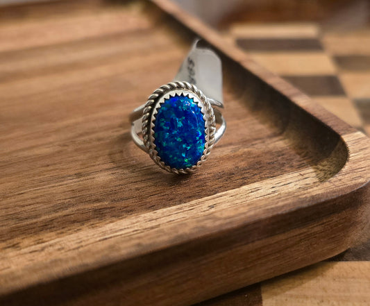 Man Made Blue Opal and Sterling Ring Size 8