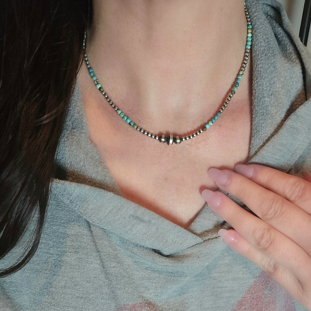 8mm Sterling Saucer, 6mm & 3mm Sterling Pearls & Round Turquoise Necklace
