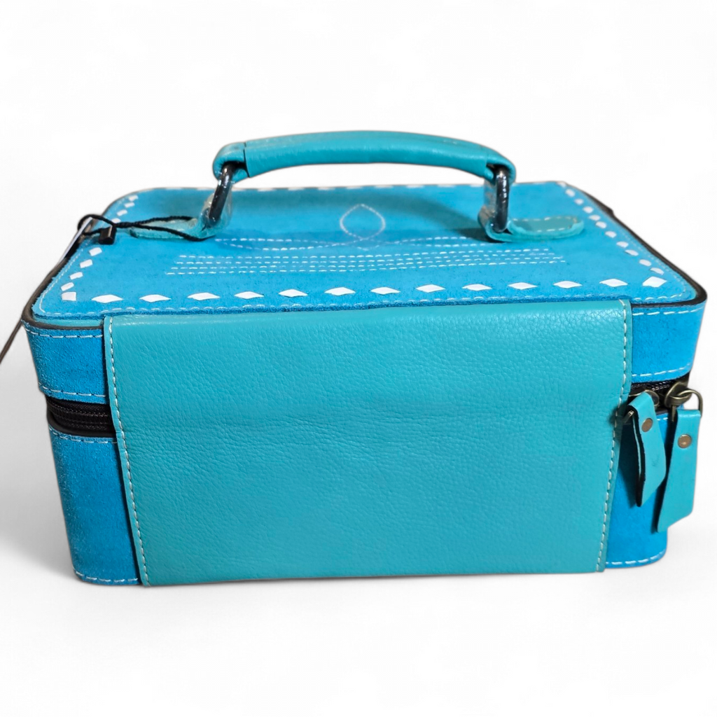 Turquoise Boot Stitch Suede & Tooled Leather Jewelry Box