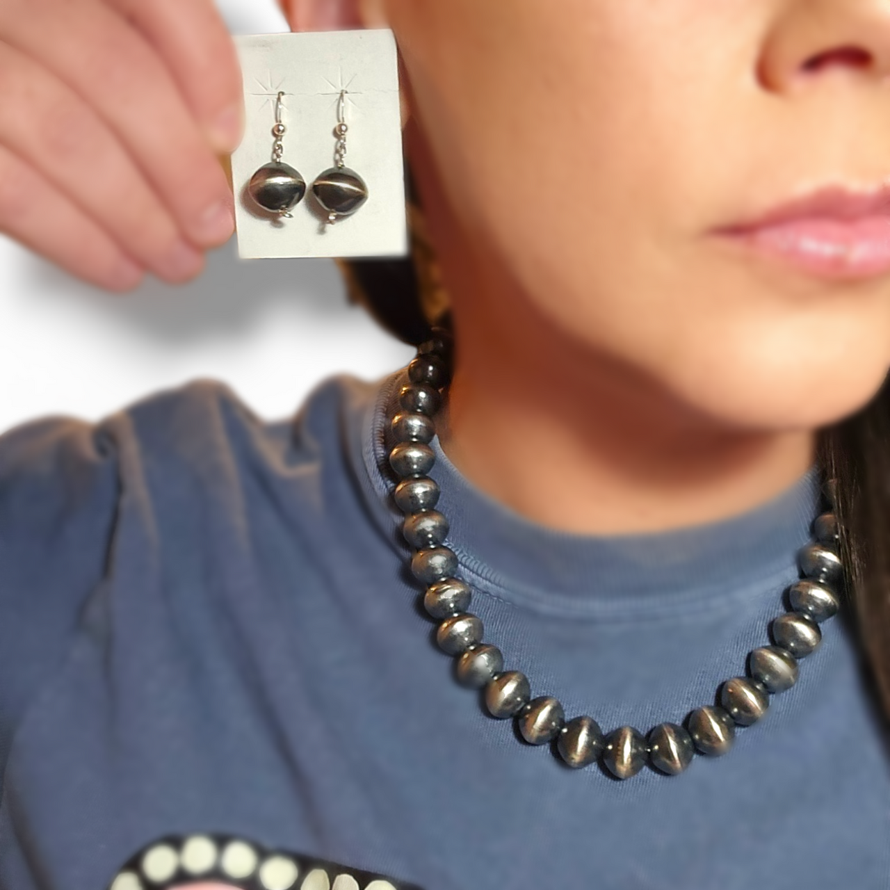 Virginia Tso 13mm Navajo Pearl Earrings and Necklace Set 18 inches