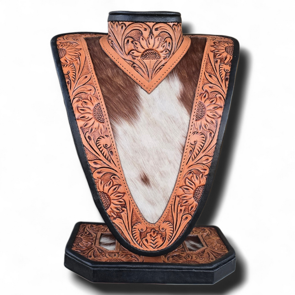 Brown Tooled Leather & Cowhide Necklace Display