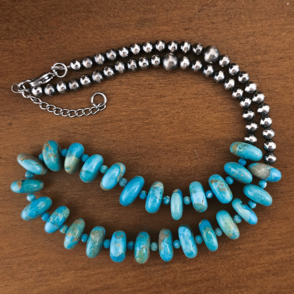 Kingman Turquoise, 5mm & 7mm Sterling Pearls Necklace