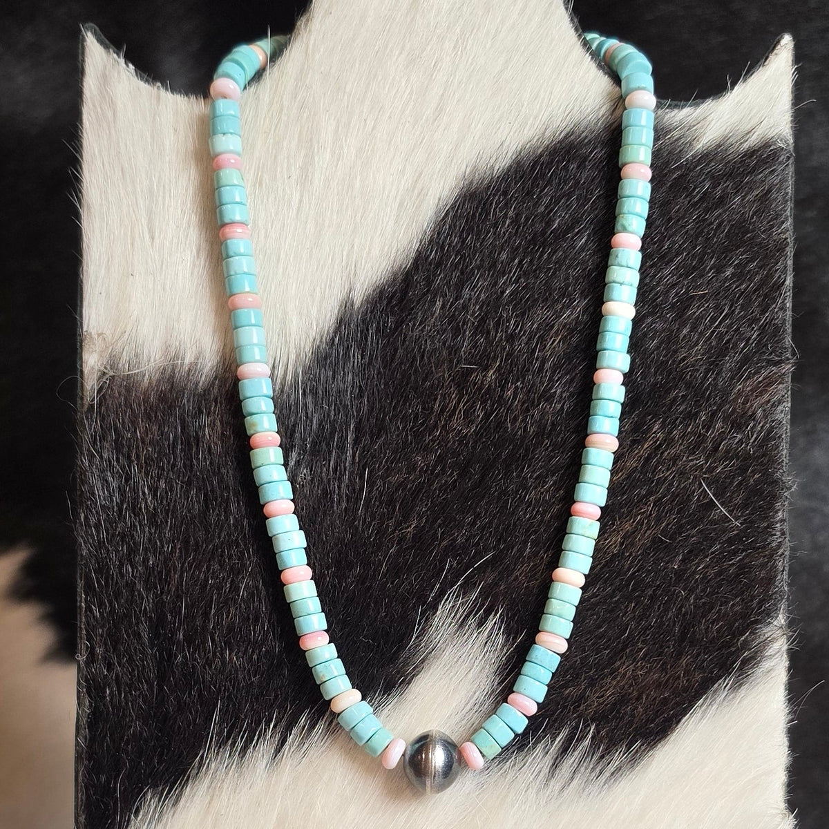 Genuine Navajo Pearl, Pink Conch & Turquoise Necklace 15-16 inches