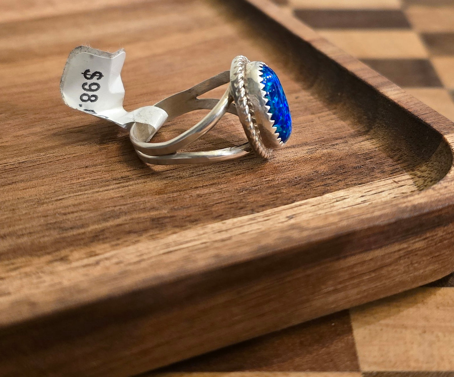 Man Made Blue Opal and Sterling Ring Size 8