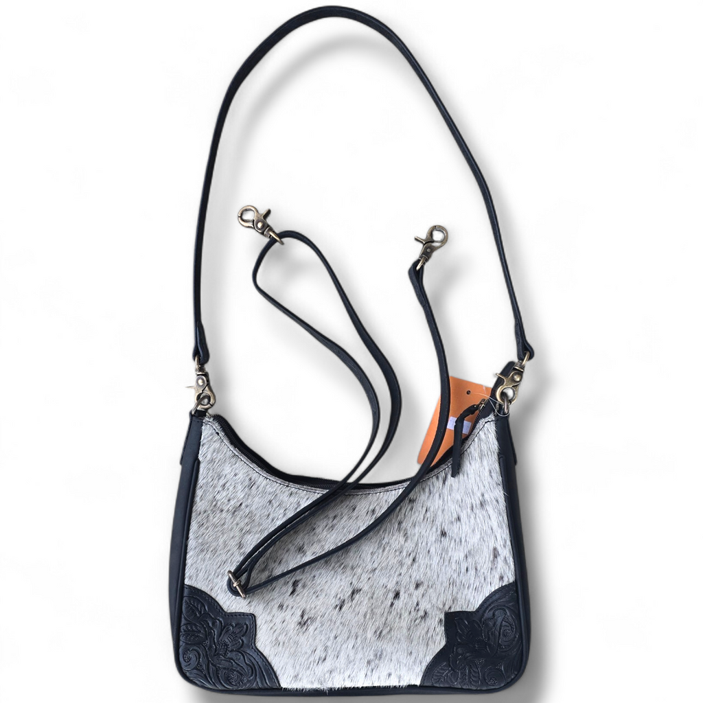 2 Ways to Wear Black Tooled Leather & Cowhide Shoulder Bag