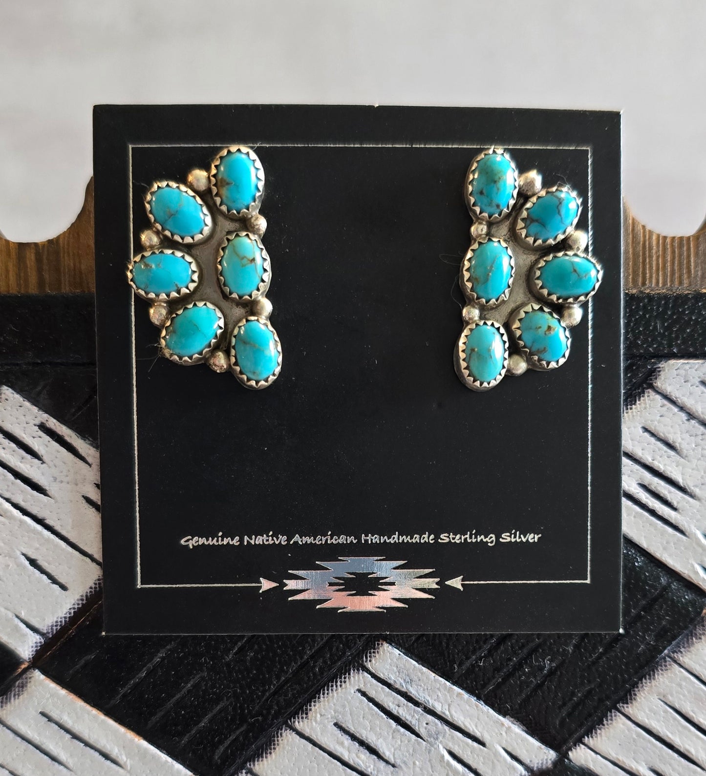 Kingman Turquoise and Sterling Half Cluster Earrings