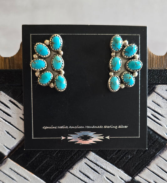 Kingman Turquoise and Sterling Half Cluster Earrings