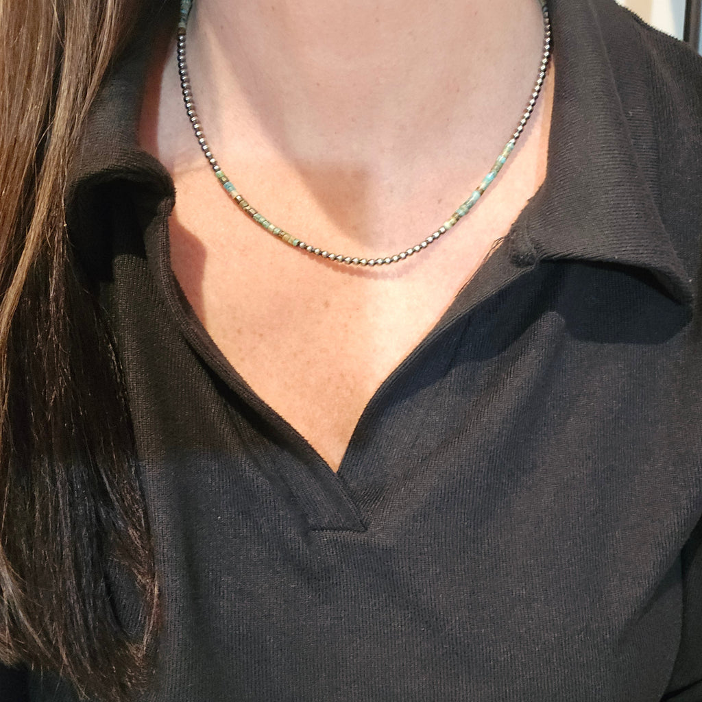 3mm Sterling Pearls & Heishi Turquoise Necklace