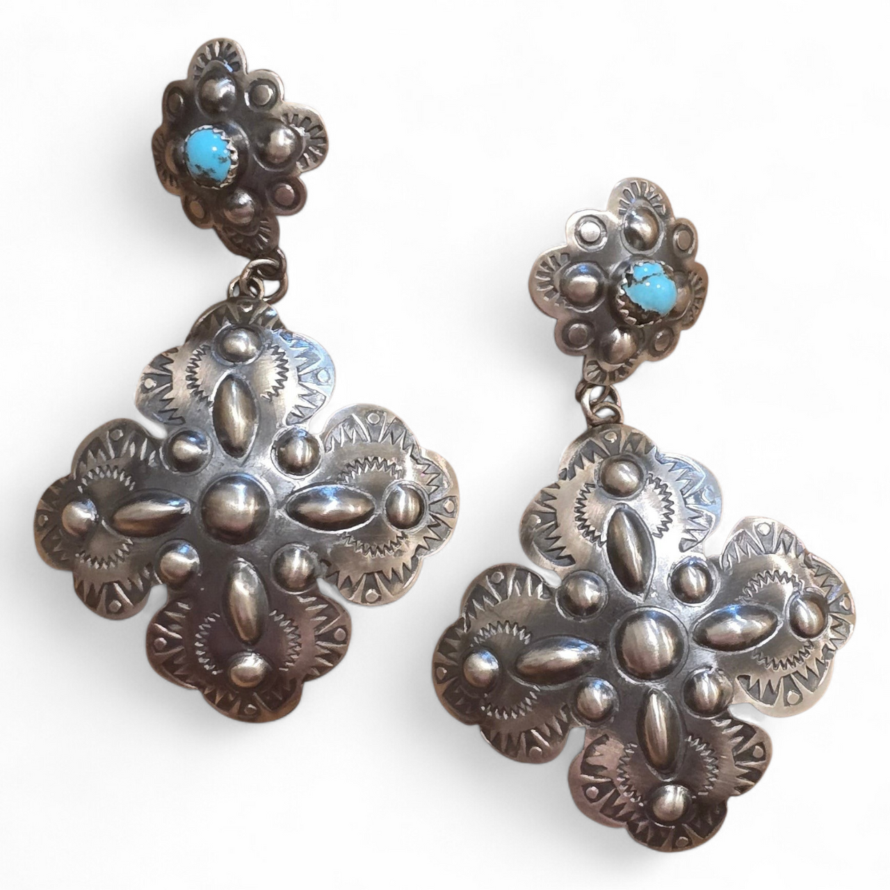 Sterling Repoussé & Turquoise Earrings