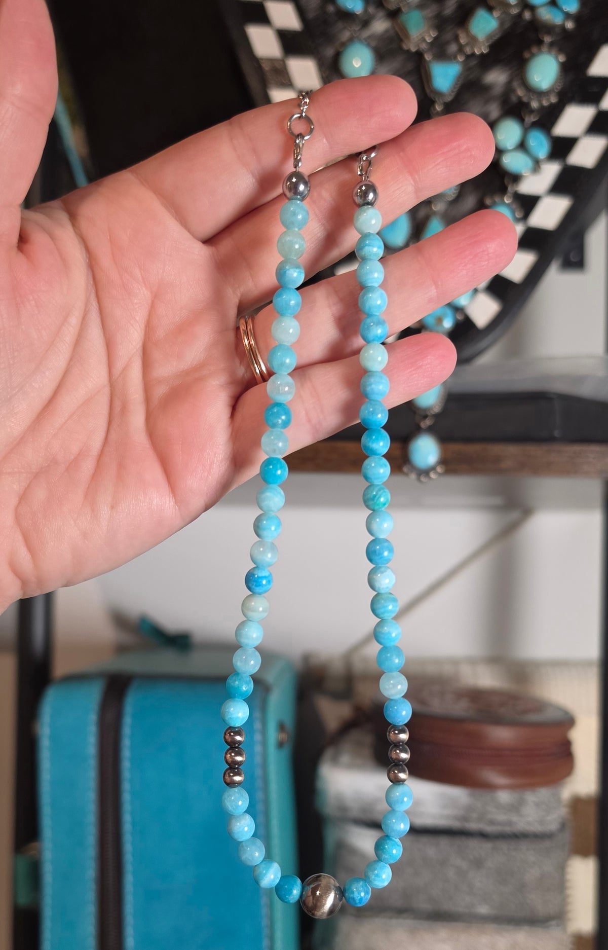 Sterling Pearls & Hemimorphite Necklace 15-16 inches