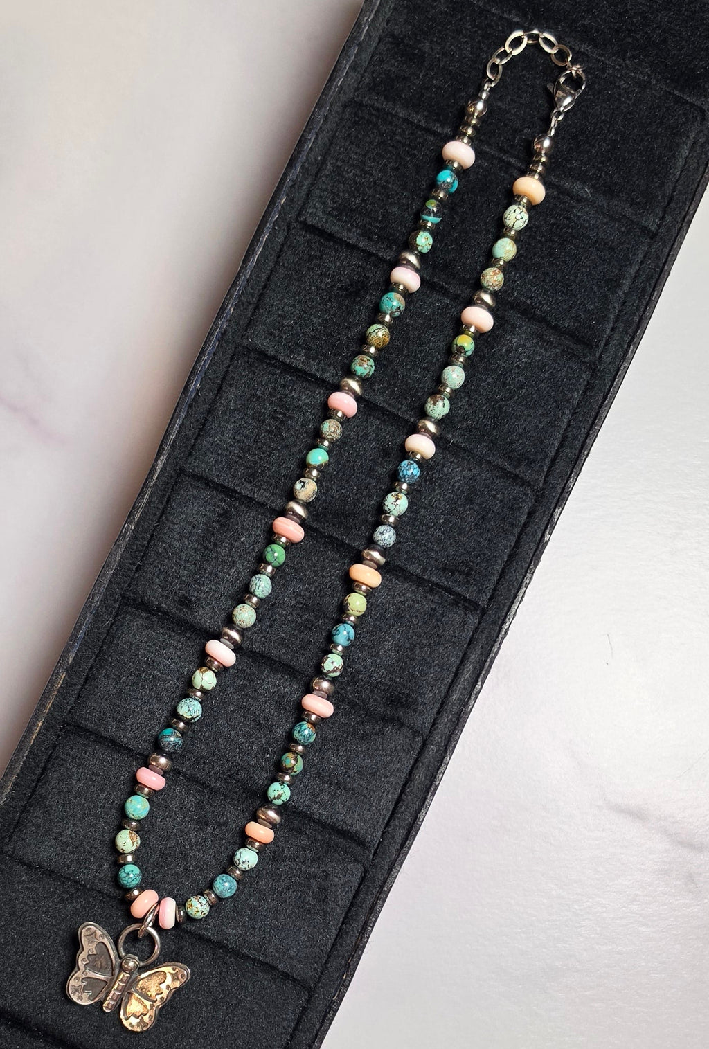 Sterling Butterfly, Pink Conch, Sterling Pearls & Turquoise Necklace 15-16 inch