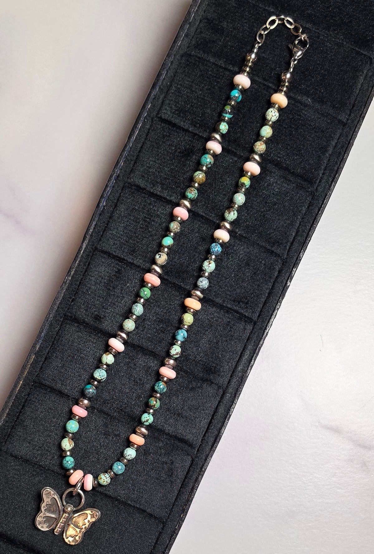 Sterling Butterfly, Pink Conch, Sterling Pearls & Turquoise Necklace 15-16 inch