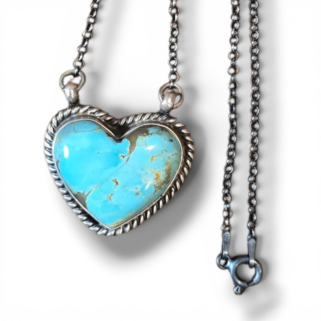Native Made #8 Turquoise & Sterling Heart Necklace 17 inches (Large)