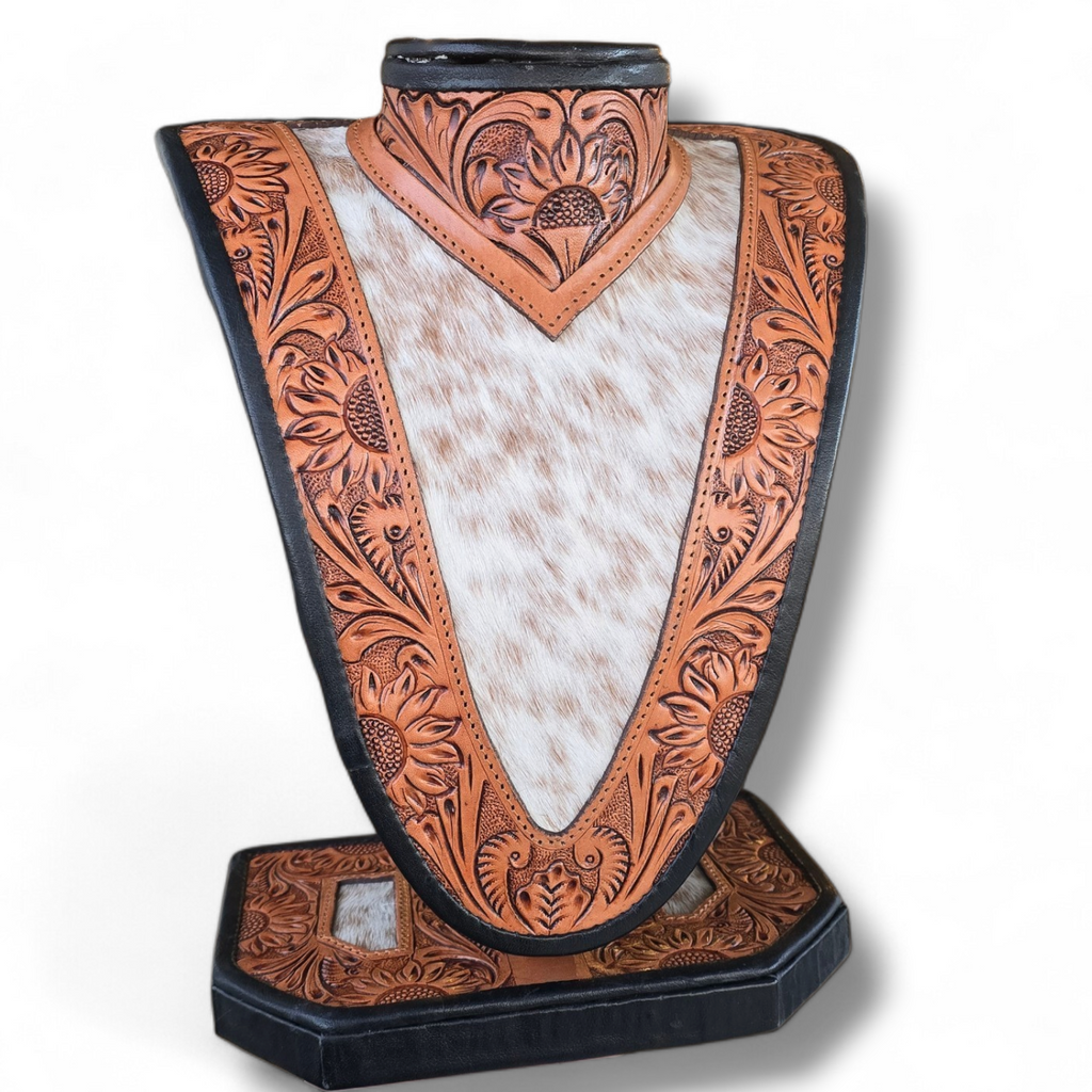 Brown Tooled Leather & Cowhide Necklace Display